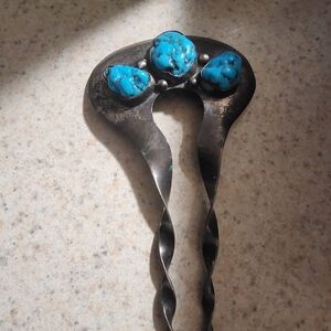 Artist Signed Sterling And Turquoise Hair Fork Vintage